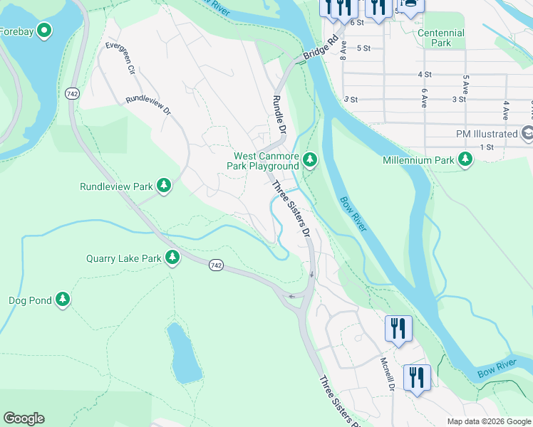 map of restaurants, bars, coffee shops, grocery stores, and more near 106 Rummel Place in Canmore