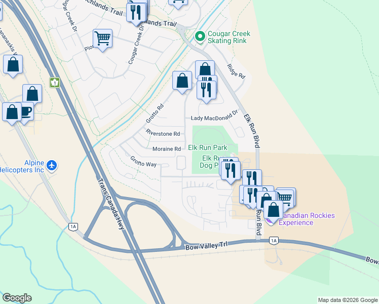 map of restaurants, bars, coffee shops, grocery stores, and more near 200 Glacier Drive in Canmore