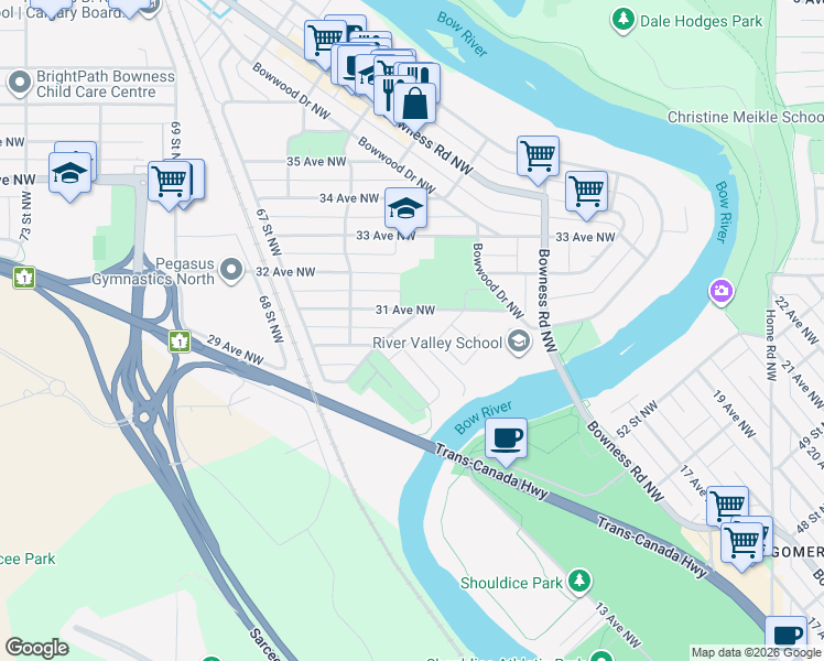 map of restaurants, bars, coffee shops, grocery stores, and more near 6313 Bowview Road Northwest in Calgary