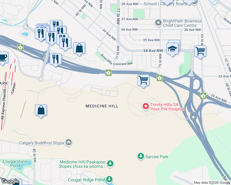 map of restaurants, bars, coffee shops, grocery stores, and more near 1453 Na'a Drive Southwest in Calgary