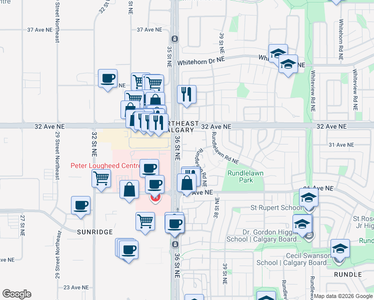 map of restaurants, bars, coffee shops, grocery stores, and more near 2 Rundleson Road Northeast in Calgary