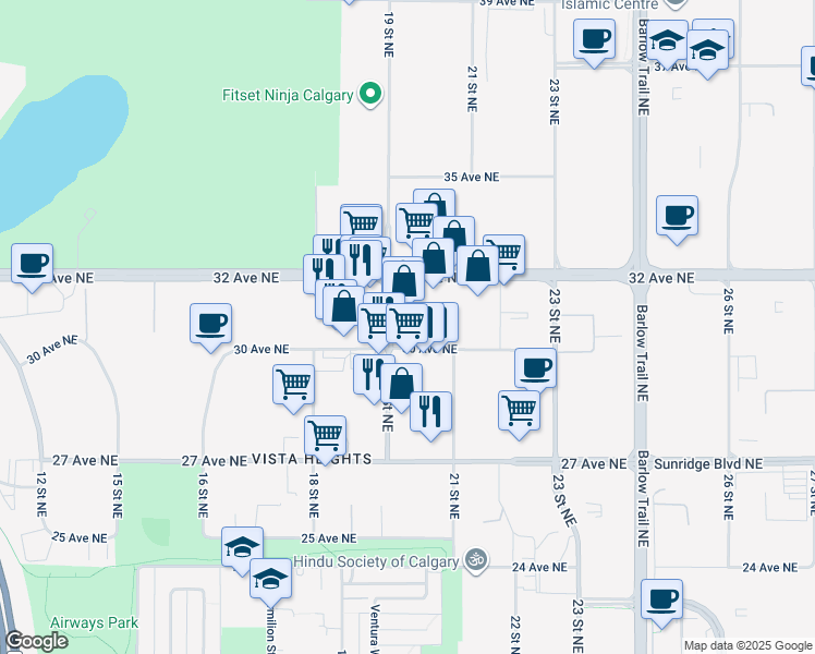 map of restaurants, bars, coffee shops, grocery stores, and more near 2115 30 Avenue Northeast in Calgary