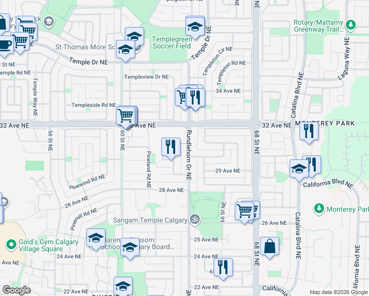 map of restaurants, bars, coffee shops, grocery stores, and more near 6861 Rundlehorn Drive Northeast in Calgary