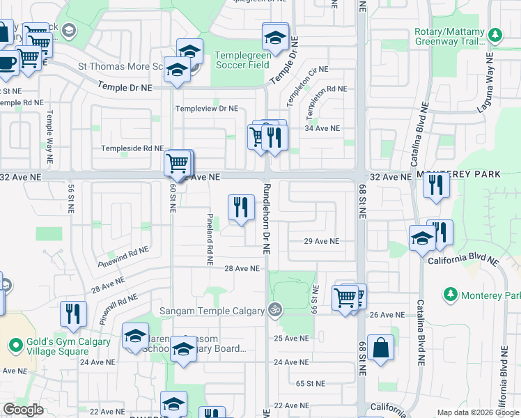 map of restaurants, bars, coffee shops, grocery stores, and more near 6861 Rundlehorn Drive Northeast in Calgary