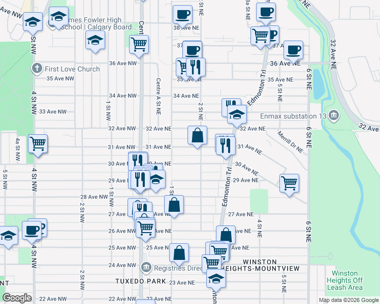 map of restaurants, bars, coffee shops, grocery stores, and more near 228 30 Avenue Northeast in Calgary