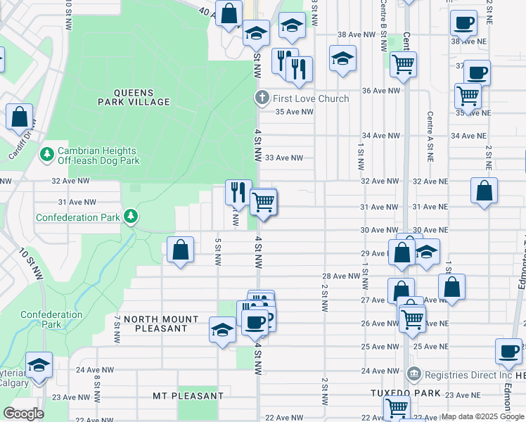map of restaurants, bars, coffee shops, grocery stores, and more near 511 31 Avenue Northwest in Calgary