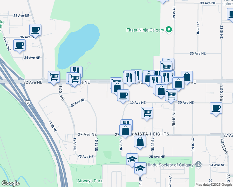 map of restaurants, bars, coffee shops, grocery stores, and more near 1687 32 Avenue Northeast in Calgary