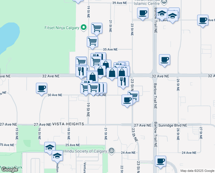 map of restaurants, bars, coffee shops, grocery stores, and more near 2135 32 Avenue Northeast in Calgary