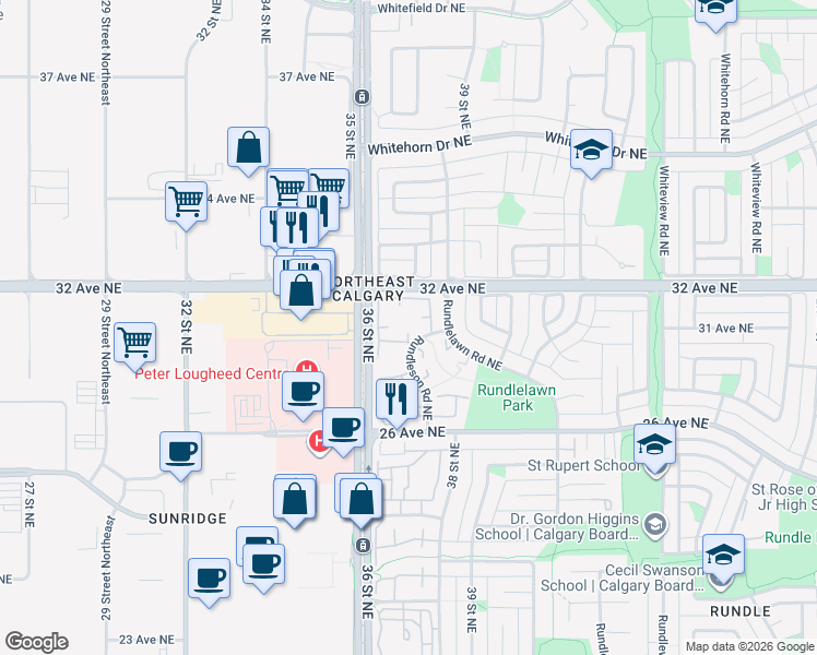 map of restaurants, bars, coffee shops, grocery stores, and more near 32 Avenue Northeast in Calgary