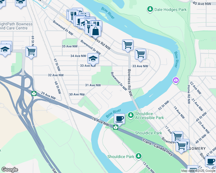 map of restaurants, bars, coffee shops, grocery stores, and more near 6240 31 Avenue Northwest in Calgary