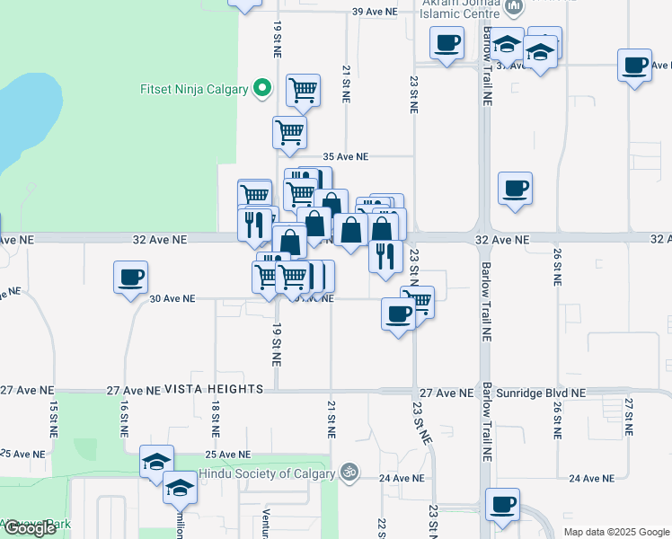 map of restaurants, bars, coffee shops, grocery stores, and more near 2135 32 Avenue Northeast in Calgary