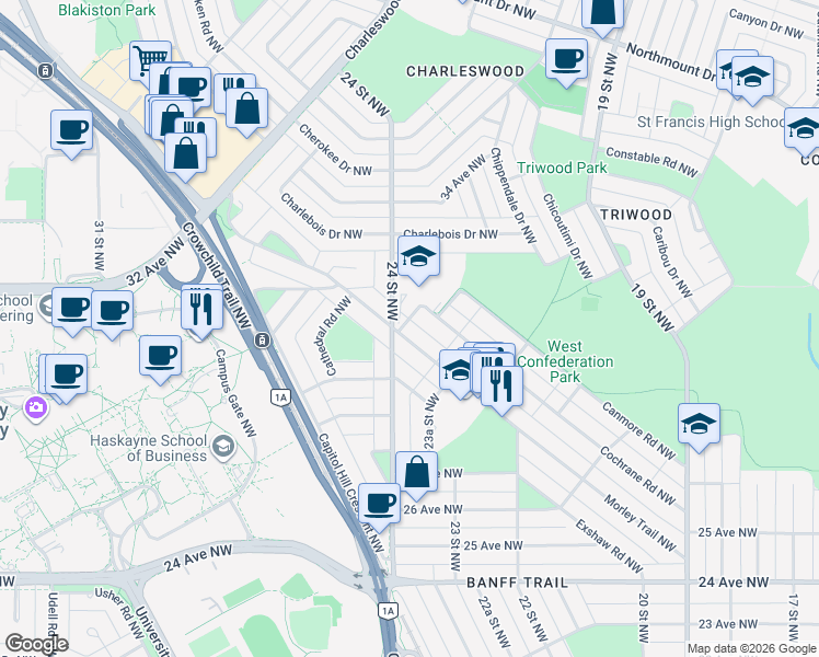 map of restaurants, bars, coffee shops, grocery stores, and more near 3232 Cochrane Road Northwest in Calgary