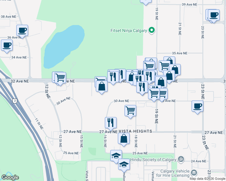 map of restaurants, bars, coffee shops, grocery stores, and more near 1665 32 Avenue Northeast in Calgary