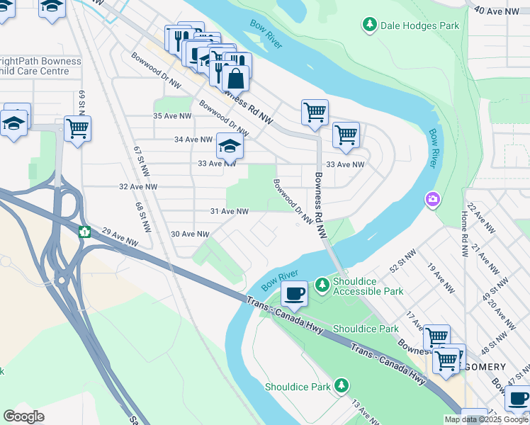 map of restaurants, bars, coffee shops, grocery stores, and more near 6240 31 Avenue Northwest in Calgary