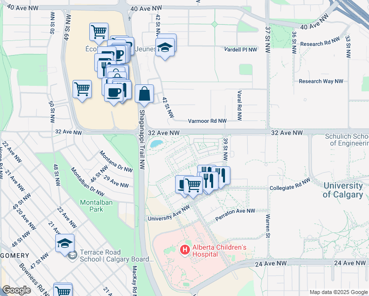 map of restaurants, bars, coffee shops, grocery stores, and more near 4227 Varmoor Road Northwest in Calgary