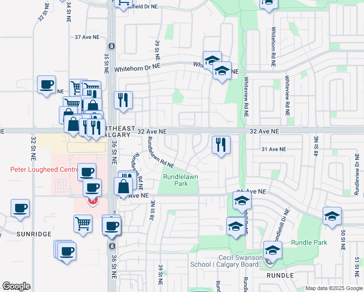 map of restaurants, bars, coffee shops, grocery stores, and more near 16 Rundlelawn Close Northeast in Calgary