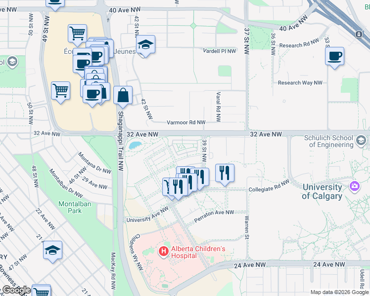 map of restaurants, bars, coffee shops, grocery stores, and more near 4203 Varmoor Road Northwest in Calgary