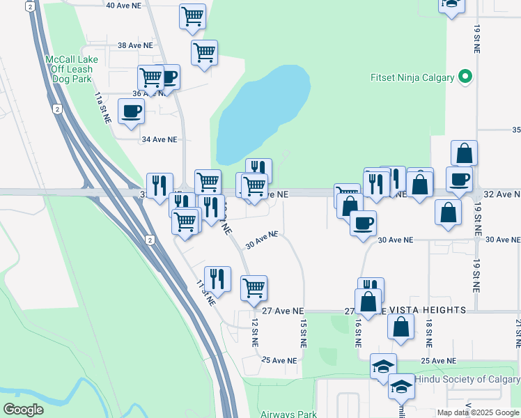 map of restaurants, bars, coffee shops, grocery stores, and more near 1341 32 Avenue Northeast in Calgary