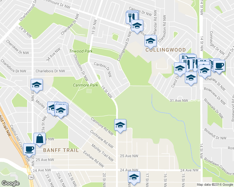 map of restaurants, bars, coffee shops, grocery stores, and more near 3307 Caribou Drive Northwest in Calgary