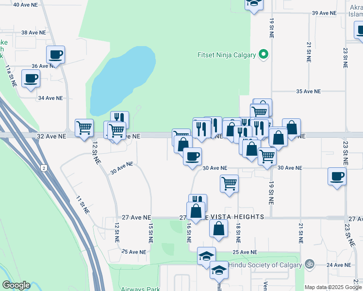 map of restaurants, bars, coffee shops, grocery stores, and more near 1687-1767 32 Ave NE in Calgary