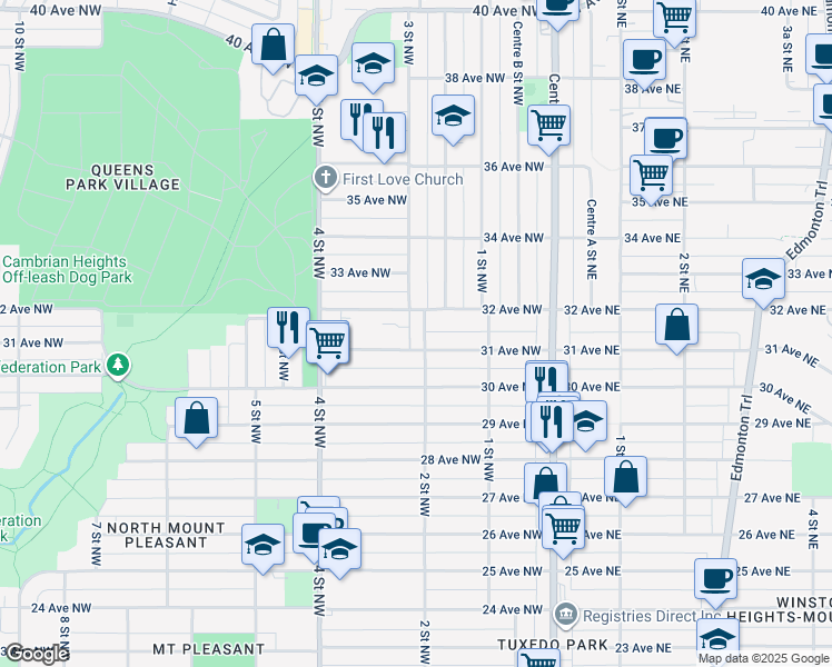 map of restaurants, bars, coffee shops, grocery stores, and more near 3215 2 Street Northwest in Calgary