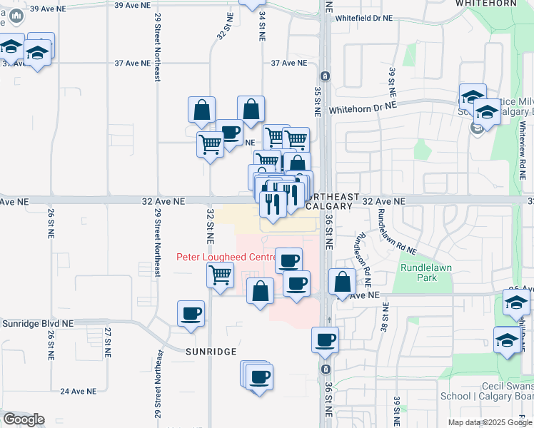 map of restaurants, bars, coffee shops, grocery stores, and more near 3545 32 Avenue Northeast in Calgary
