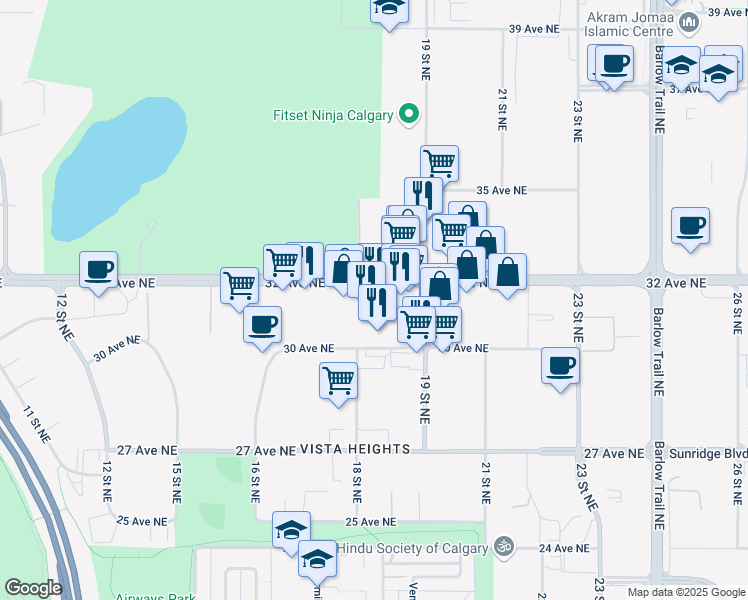 map of restaurants, bars, coffee shops, grocery stores, and more near 6-1915 32 Avenue Northeast in Calgary
