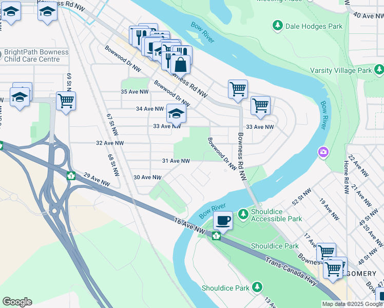map of restaurants, bars, coffee shops, grocery stores, and more near 6240 31 Avenue Northwest in Calgary