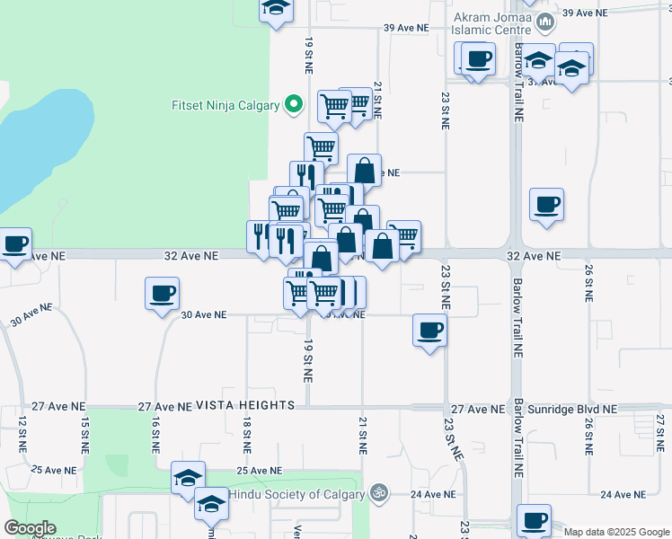 map of restaurants, bars, coffee shops, grocery stores, and more near 2015 32 Avenue Northeast in Calgary