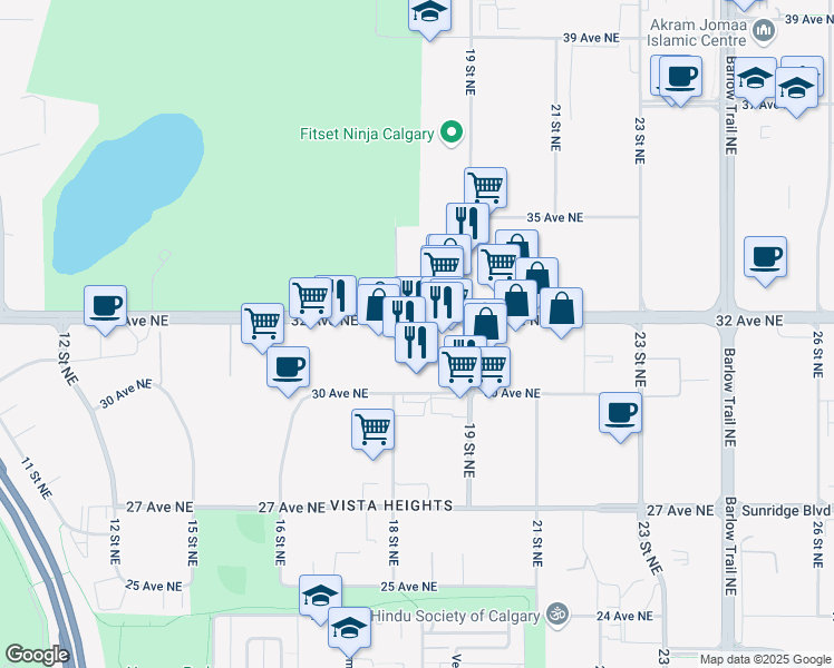 map of restaurants, bars, coffee shops, grocery stores, and more near 6-1915 32 Avenue Northeast in Calgary