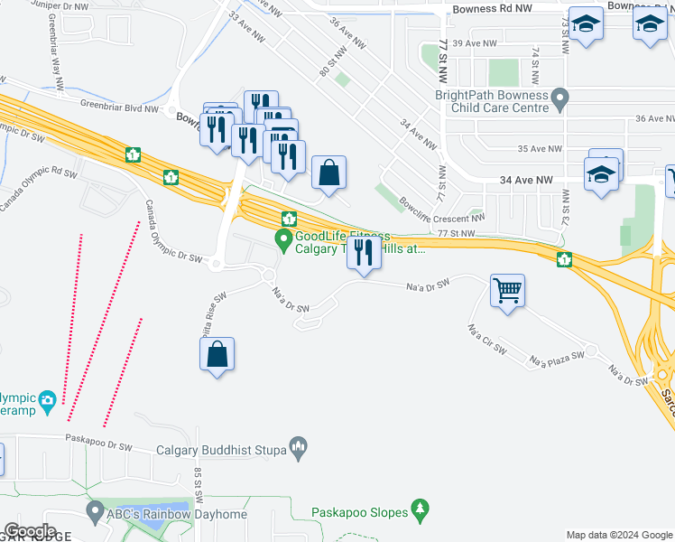 map of restaurants, bars, coffee shops, grocery stores, and more near 8125 16 Avenue Northwest in Calgary