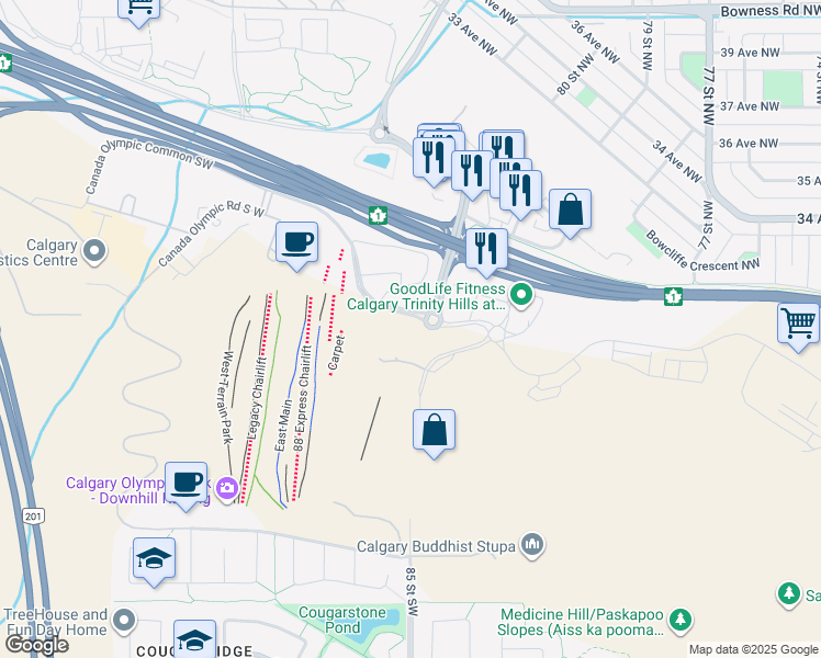 map of restaurants, bars, coffee shops, grocery stores, and more near 8475 Canada Olympic Drive Southwest in Calgary