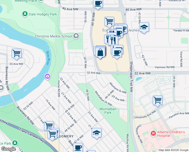 map of restaurants, bars, coffee shops, grocery stores, and more near 4811 Montana Crescent Northwest in Calgary