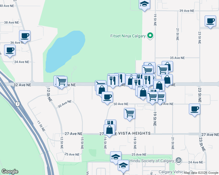 map of restaurants, bars, coffee shops, grocery stores, and more near 1665 32 Avenue Northeast in Calgary