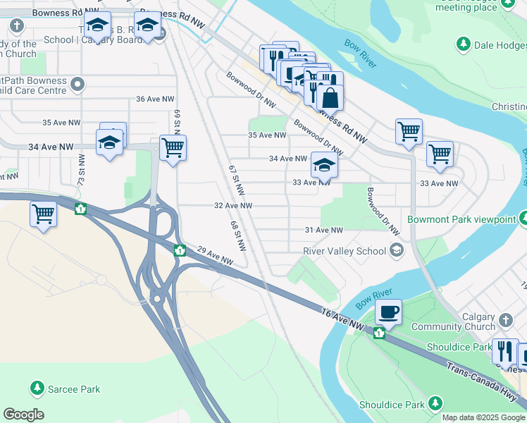 map of restaurants, bars, coffee shops, grocery stores, and more near 6427 32 Avenue Northwest in Calgary