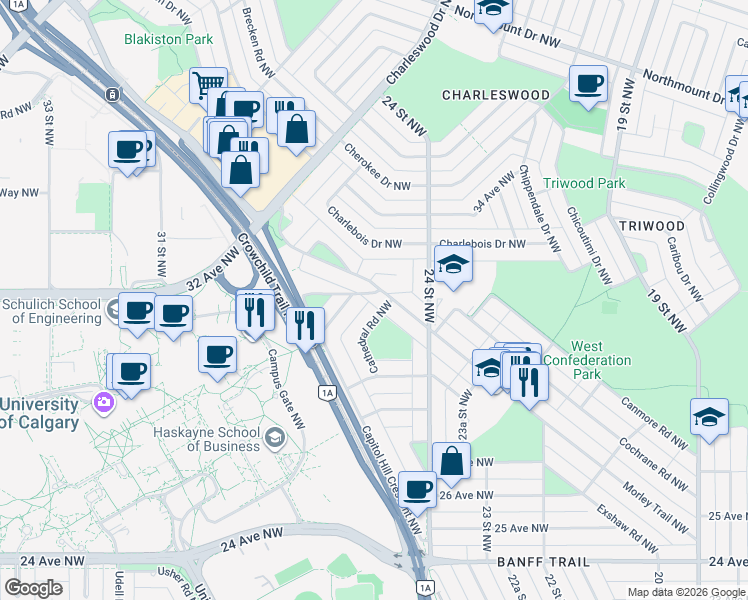 map of restaurants, bars, coffee shops, grocery stores, and more near 3350 Capitol Hill Crescent Northwest in Calgary