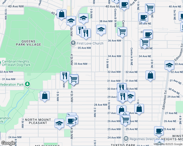 map of restaurants, bars, coffee shops, grocery stores, and more near 3215 2 Street Northwest in Calgary