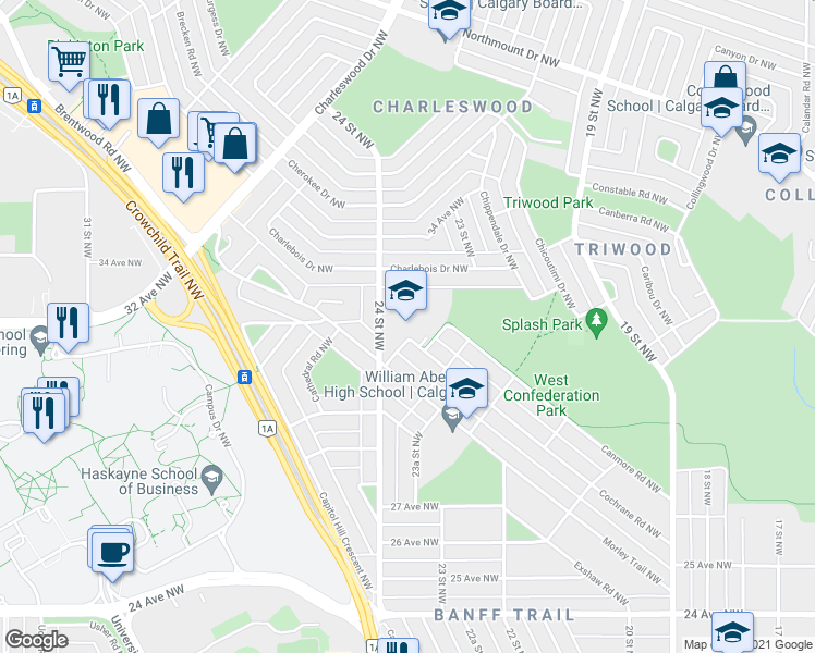 map of restaurants, bars, coffee shops, grocery stores, and more near 3232 Cochrane Road Northwest in Calgary