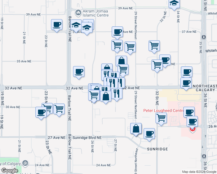 map of restaurants, bars, coffee shops, grocery stores, and more near 32 Avenue Northeast in Calgary