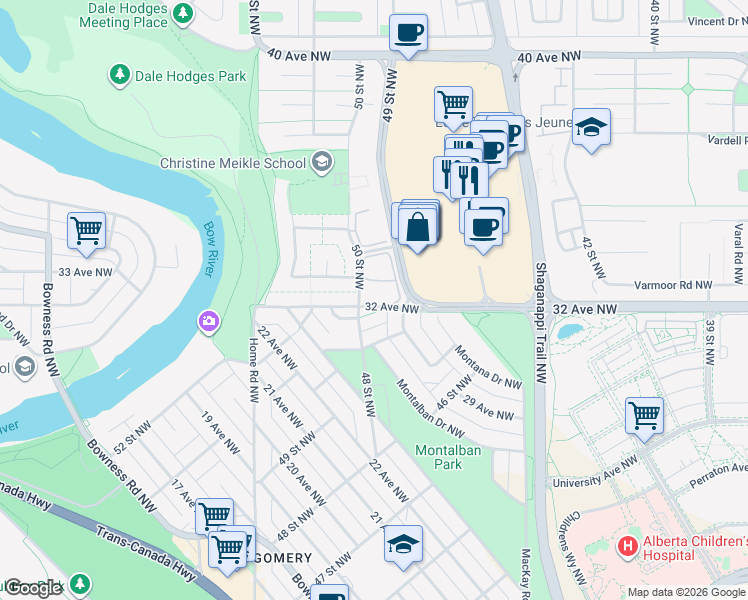 map of restaurants, bars, coffee shops, grocery stores, and more near 3302 50 Street Northwest in Calgary