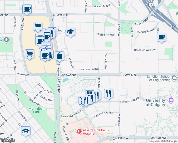 map of restaurants, bars, coffee shops, grocery stores, and more near 4204 Varmoor Road Northwest in Calgary