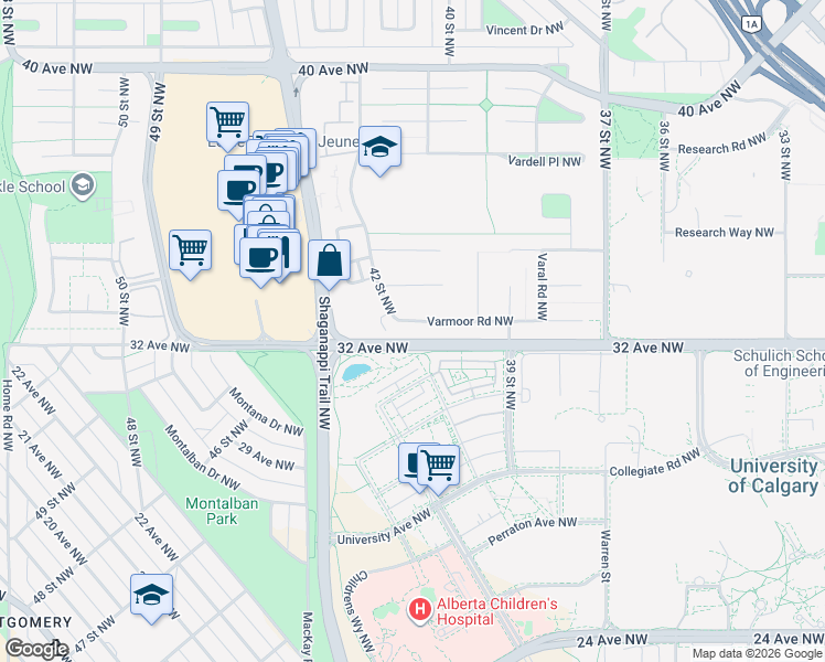 map of restaurants, bars, coffee shops, grocery stores, and more near 4227 Varmoor Road Northwest in Calgary