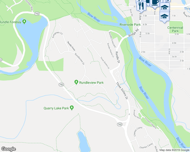 map of restaurants, bars, coffee shops, grocery stores, and more near 105 China Close in Canmore