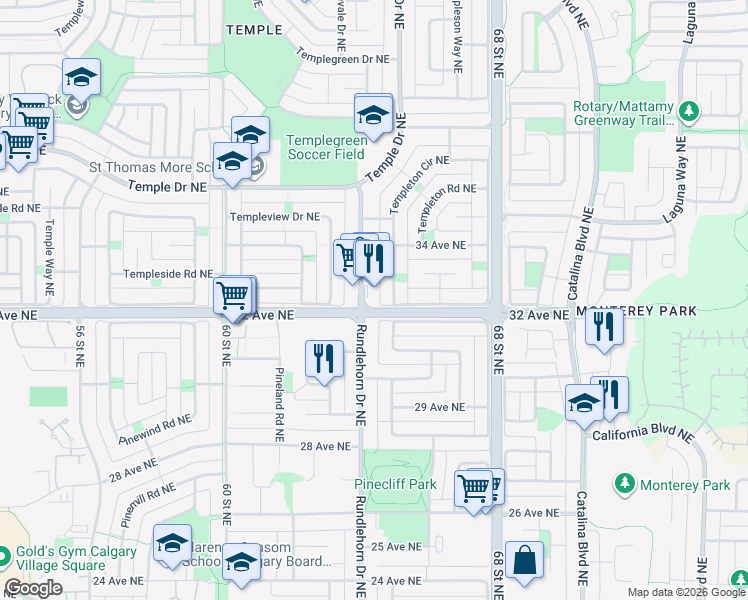 map of restaurants, bars, coffee shops, grocery stores, and more near 3304 64 Street Northeast in Calgary