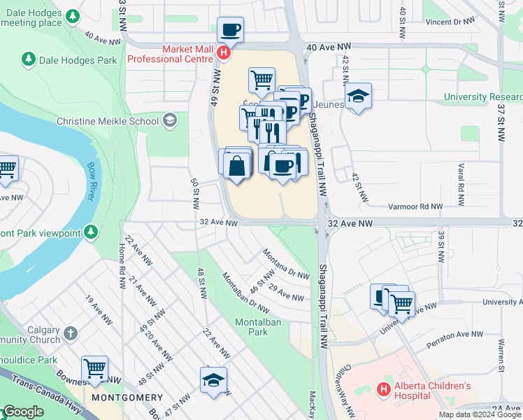 map of restaurants, bars, coffee shops, grocery stores, and more near 4880 32 Avenue Northeast in Calgary