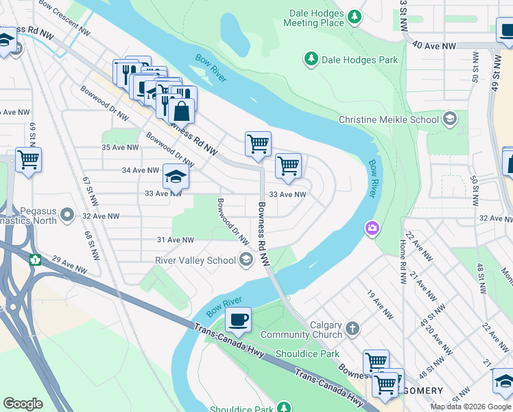 map of restaurants, bars, coffee shops, grocery stores, and more near 5927 Bowness Road Northwest in Calgary