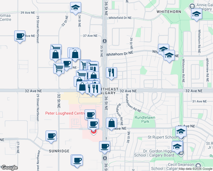 map of restaurants, bars, coffee shops, grocery stores, and more near 2536 36 Street Northeast in Calgary