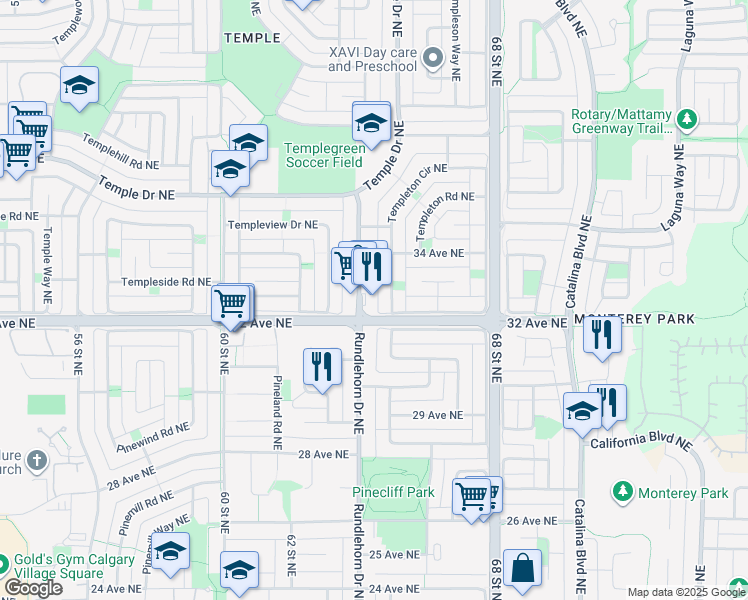 map of restaurants, bars, coffee shops, grocery stores, and more near 3304 64 Street Northeast in Calgary