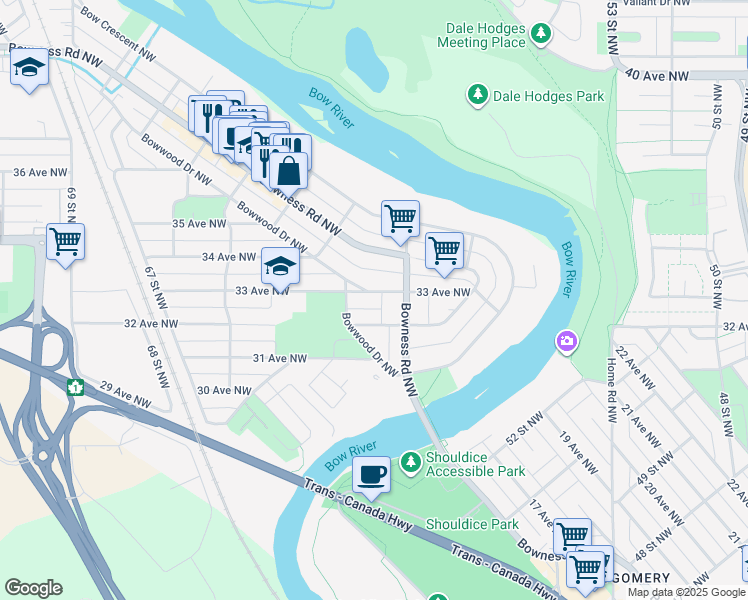 map of restaurants, bars, coffee shops, grocery stores, and more near 6112 33 Avenue Northwest in Calgary