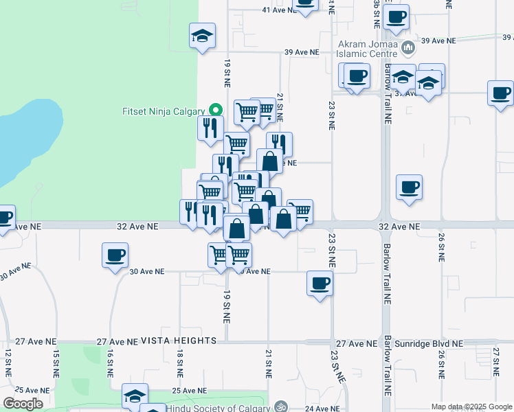 map of restaurants, bars, coffee shops, grocery stores, and more near 2020 32 Avenue Northeast in Calgary